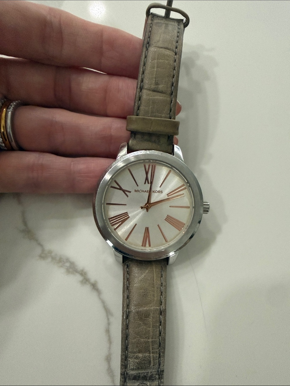 Michael Kors Silver Case Watch with Taupe Leather Strap and Rose-Gold Accents